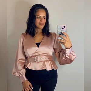 NWT Forever 21 Pink Satin Peplum Belted Long Sleeve Top